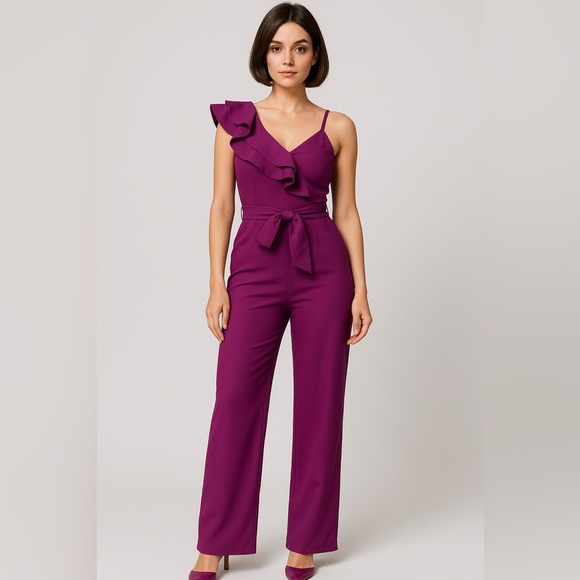 Kaimimei Purple One-Shoulder Ruffle Belted Wide-Leg Jumpsuit Size Medium - Picture 1 of 10